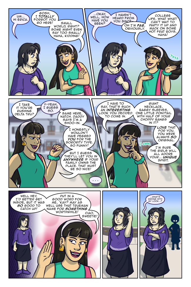 How many of you have ever felt personally victimized by Erica Wang? *Iro and Sonia raise their hands, as do a bunch of background characters* True Colors 3-23: Small World